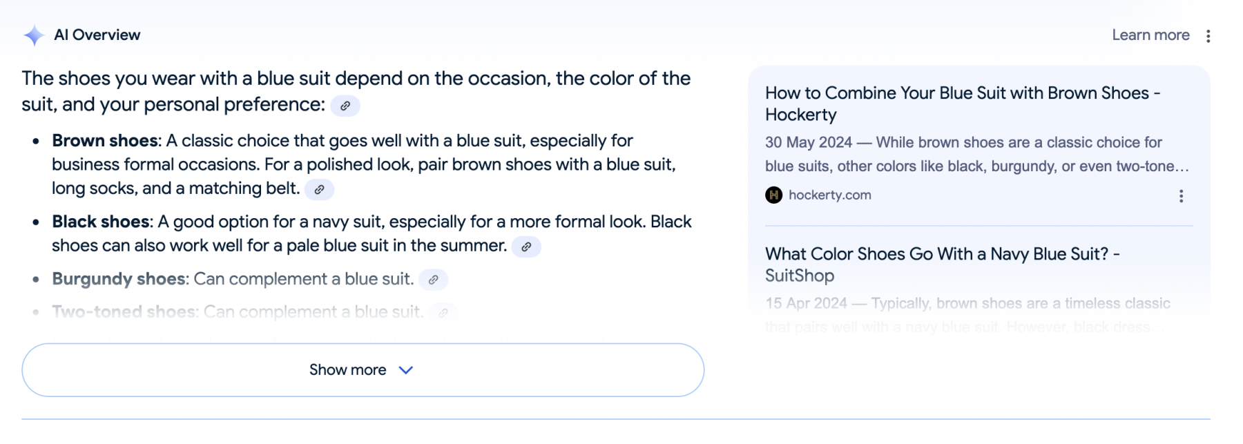 ai overview for 'what shoes go well with a blue suit'