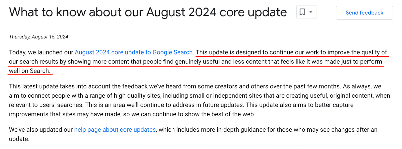 screenshot from Google's 2024 august core update release